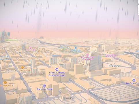 In this map of Las Vegas, I wanted to play with viewing the map from a 3D angle. As Mapbox includes weather effects, I wanted to add rain to the scene.