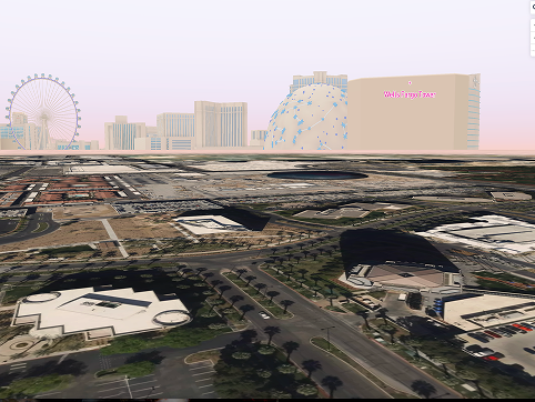 This is another view of Las Vegas but with satellite layer added. Below the 3D building of the Las Vegas sphere, you can see the base on the satellite map.