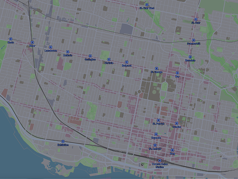 Here, I wanted to explore more with labels and hiding other pieces of information that could be distracting. This map shows two of the subway lines in Toronto.