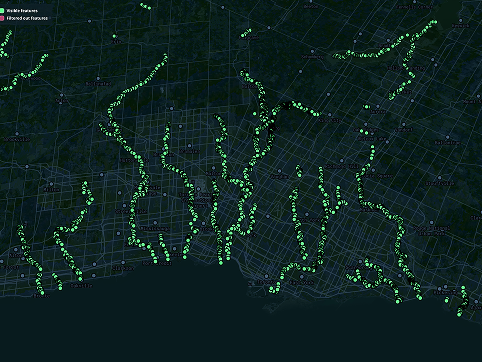 In this map of Toronto, I explore how to visualize waterways in Layers. I also wanted to viusalize it using something other than lines.