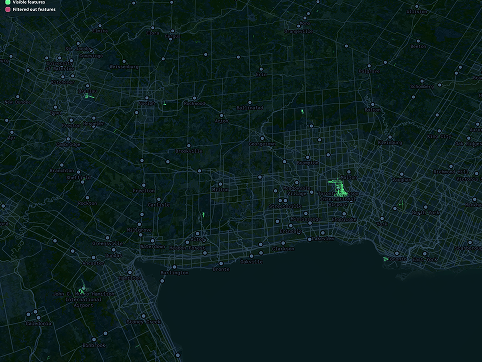 In this map of Hamilton and GTA, I'm using two layers: the green represents aeroways and the squiggly lines represent waterways. Here I should have made the squiggly lines a different colour to differentiate from the roads.