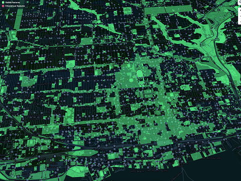 I'm again exploring two layers in this map of downtown Toronto: the green space represents land use and the grey dots represent structures. The more I zoomed in, the more green everything became. It was interesting that only popular locations remained green as I zoomed out.