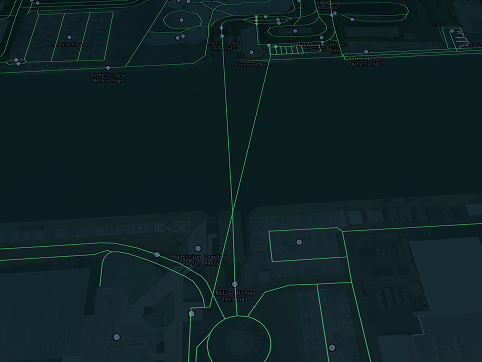 Again use two layers to show road and structures in downtown Toronto. It was interesting to me that Mapbox included either the pedestrian tunnel or the ferry's route to Billy Bishop terminal as a road.