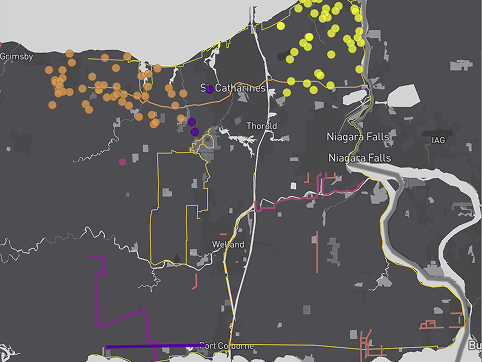 This screenshot is combining Niagara wineries with bike paths. As many people enjoy bike and wine tours, I was curious to see where the routes were and just how many wineries are placed around these paths. I also used a darker map for better visualization of the data. Unfortunately, it's difficult to capture all the data points in a screenshot, as the more you zoom out, the more data disappears from the page. Not all the wineries in the dataset may be seen here. Because of all the information, I removed the roads to reduce distractions.