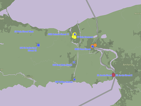 This screenshot is a visualization of some of the shelter locations in Niagara and foodbanks. The shelter locations are circles and colour coded. The foodbanks are denoted by shapes and labelled with their location. I took away the roads to reduced distraction.