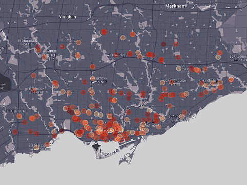 In this map, I have visualized a dataset showing affordable rental homes in Toronto. The different colours represent the stages in development with the light colours representing pre-planning and darker colours represent occupied.