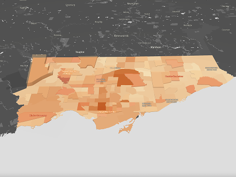 There was a lot of information in the Toronto crime dataset and I wanted to continue exploring it. This is a map of the number of 'Break & Enter' and Assaults in 2024. The colours represent the number of 'Break and Enters' and the raised 3D extrusions represent the number of assaults, with the extrusion being higher if there were more assaults in that area. I found the monochrom palette was a better way to viusalize the information.
