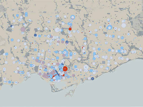 This map shows a list of establishments offering services such as hairstyling, barbering, tattooing, ear and body piercing, manicures, pedicures, and aesthetics. The colours of the circles represent each service: 1) Red: injectable personal services, 2) Blue: aesthetics, 3) White: nails, 4) Dark blue: Body piercing, and 5) Mauve: Injectable Personal Services. The size of the circle represents if it as passed health and safety inspection: Smallest circle: Pass, Medium circle: Conditional pass, 3: Largest circle: Closed. I was interested in finding more health-related datasets but had a difficult time finding any online.