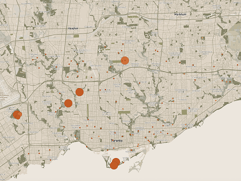 This is a map of Toronto's public washrooms and how accessible they are. The size of the circle represents if the staus: smallest circle) No problems (open), small circle: under construction, medium circle: technical issues, largest circle: closed for the season. The colours represent the how accessible the bathroom is: Dark red: No accessibility, Burnt Orange: automatic door opener, Orange: entrance at grade, Light Orange: Accesible stall, Peach: Entrance accdess ramp, Cream: combination of all of these. Unfortunately, it appears there are some very inaccesible bathrooms in Toronto.