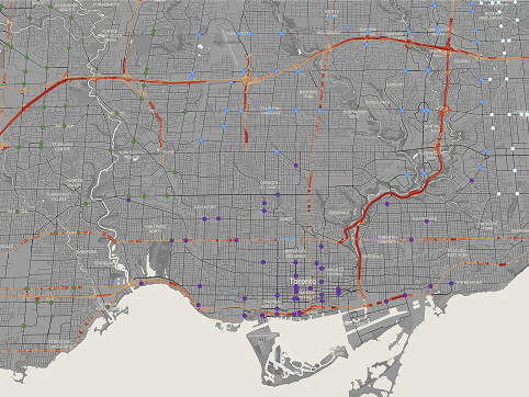 This is a map of Toronto traffic and locations of red light cameras. The traffic has been measured within the last 5 years between 2014-2019. The lighter, thinner lines represent low traffic areas and the darker, thicker lines represent places of high traffic. The circles represent where the red light cameras are and the colours represent which district they are located in. Unfortunately, I wasn't able to find a dataset about the amount of speeding tickets in this area, but that would have been very interesting to apply to this map.