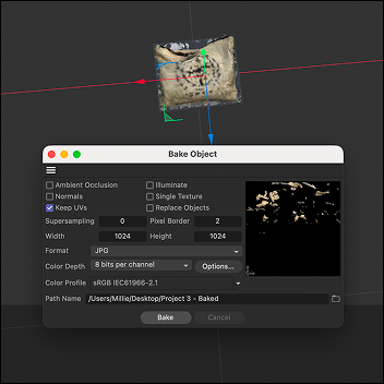 When I baked the bag, the materials were removed and the bag looked black and leathery, similar to the scrunchie. I undid the baking effect, and applied the bag's JPEG to the object, even though the texture was already applied. I then baked it again and got this result.